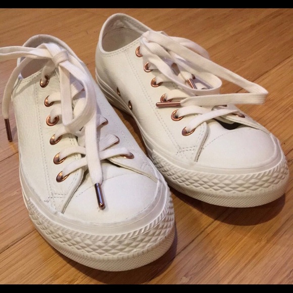 white & gold rose gold eyelets ox trainers